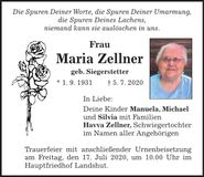 Traueranzeige Maria Zellner