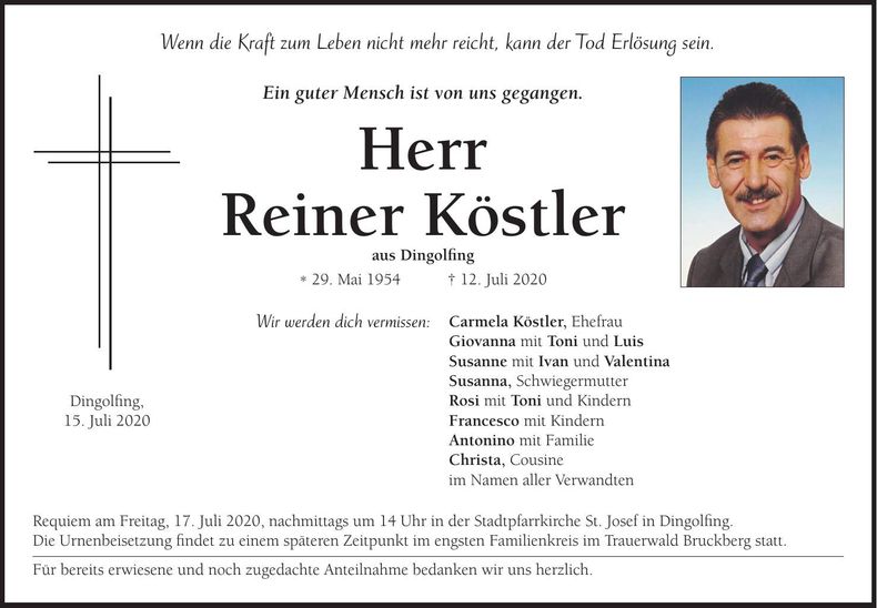 Traueranzeige Reiner Köstler