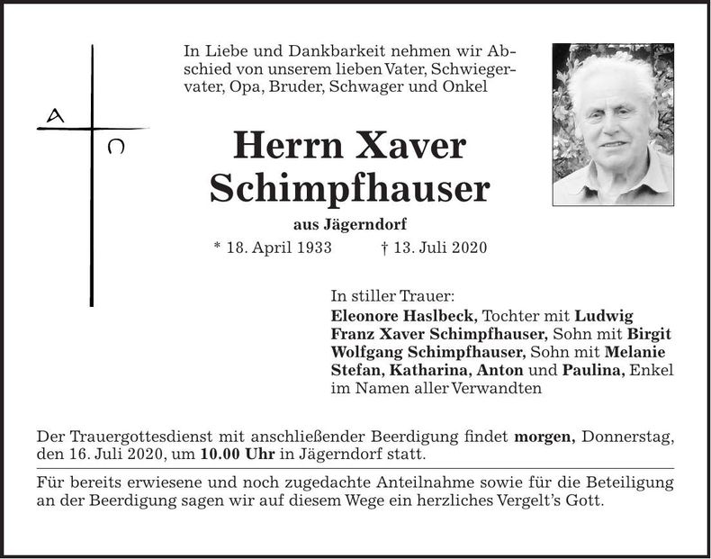 Traueranzeige Xaver Schimpfhauser