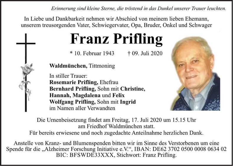 Traueranzeige Franz Prifling