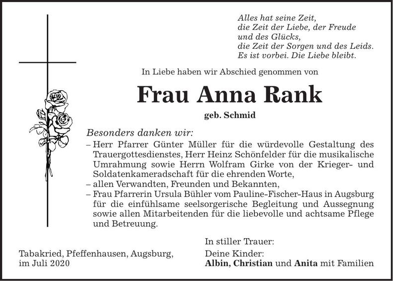 Traueranzeige Anna Rank
