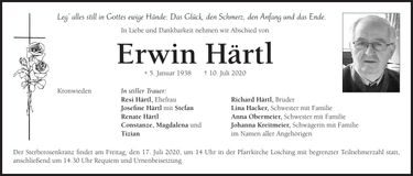 Traueranzeige Erwin Härtl