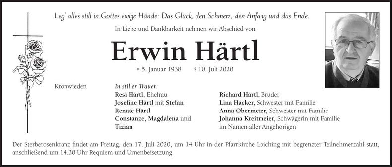 Traueranzeige Erwin Härtl