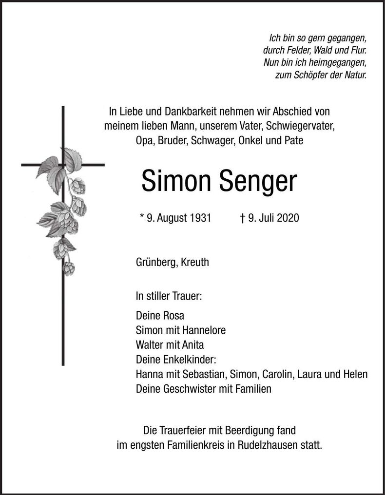 Traueranzeige Simon Senger