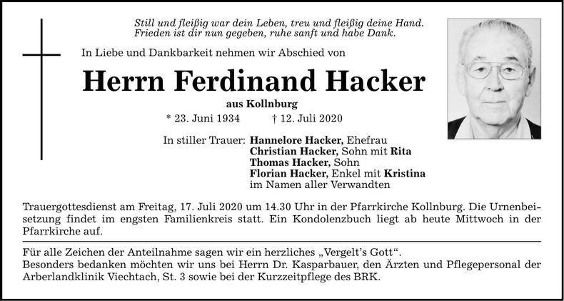 Traueranzeige hacker Ferdinand
