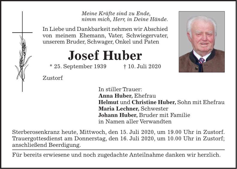 Traueranzeige Josef Huber