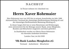 Traueranzeige Xaver Rohrmaier
