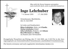Traueranzeige Inge Lehrhuber