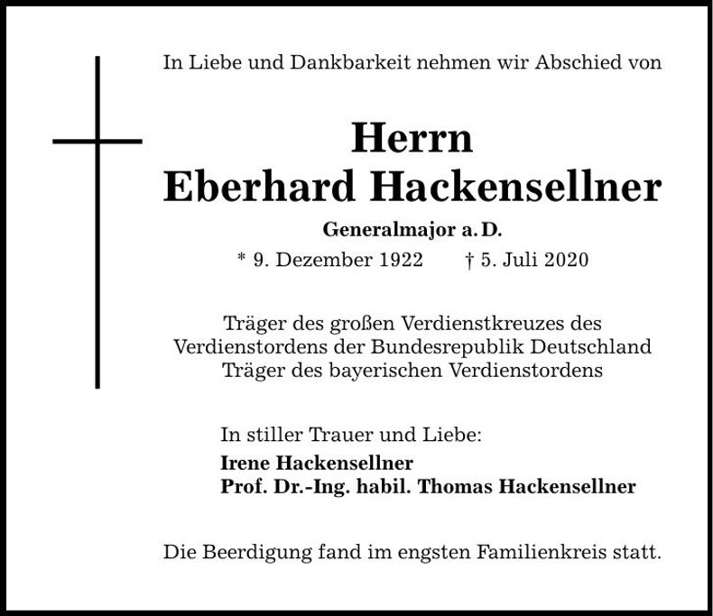 Traueranzeige Eberhard Hackensellner