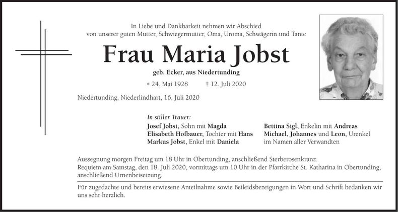 Traueranzeige Maria Jobst