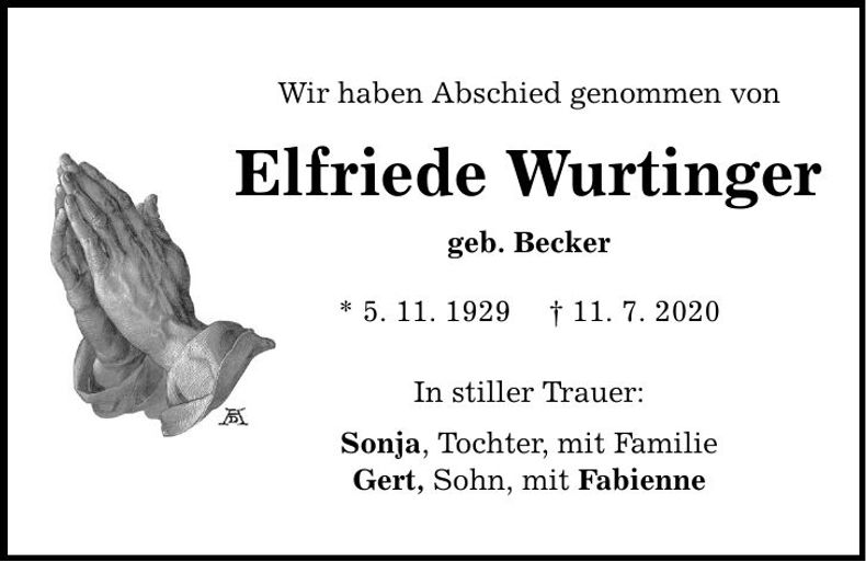 Traueranzeige Elfriede Wurtinger