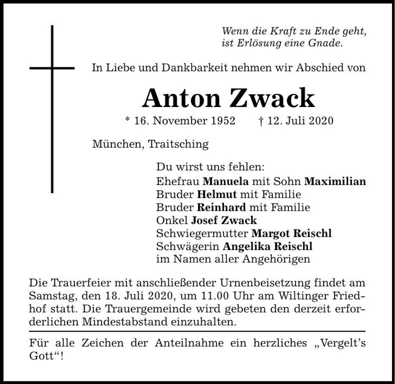 Traueranzeige Anton Zwack