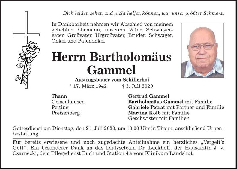Traueranzeige Bartholomäus Gammel