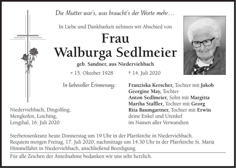 Traueranzeige Walburga Sedlmeier