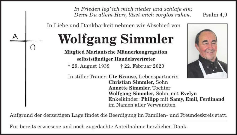 Traueranzeige Wolfgang Simmler