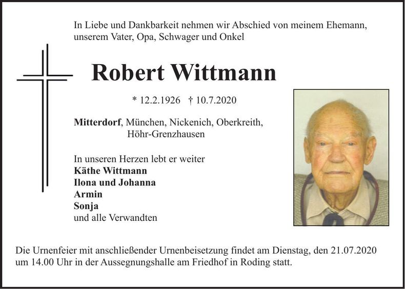 Traueranzeige Robert Wittmann