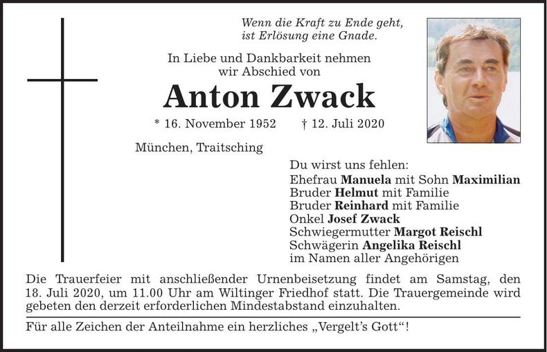 Traueranzeige Anton Zwack