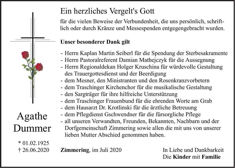 Traueranzeige Agathe Dummer