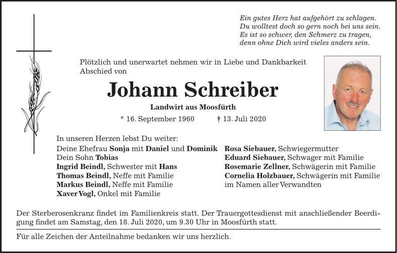 Traueranzeige Johann Schreiber