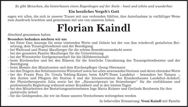 Traueranzeige Florian Kaindl