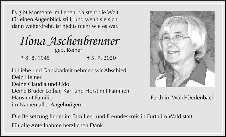 Traueranzeige Ilona Aschenbrenner