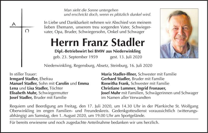 Traueranzeige Franz Stadler