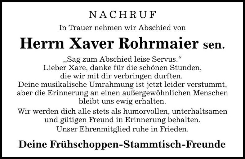 Traueranzeige Xaver Rohrmaier