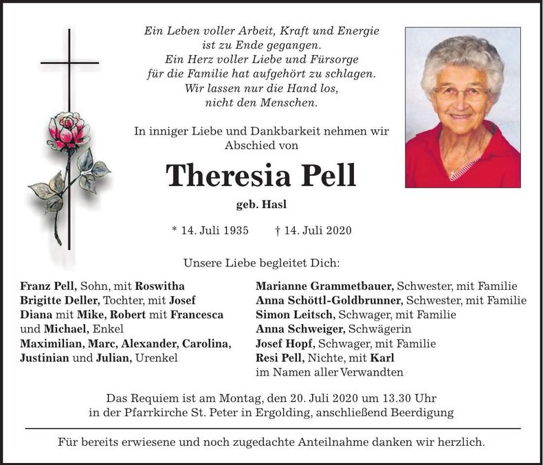 Traueranzeige Theresia Pell