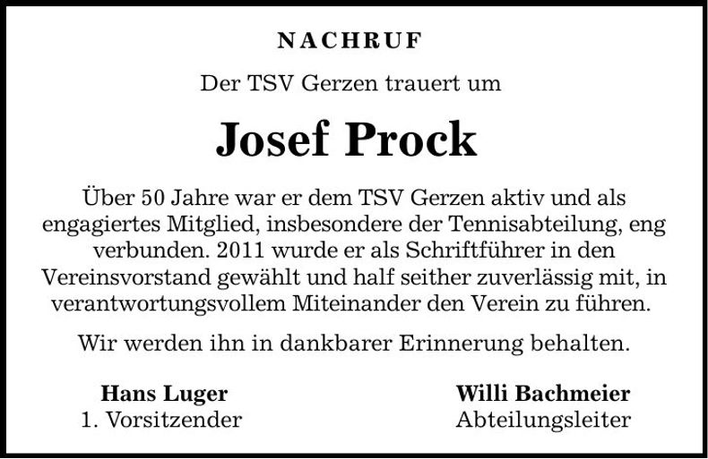 Traueranzeige Josef Prock