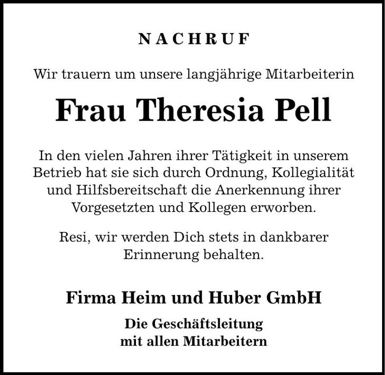 Traueranzeige Theresia Pell