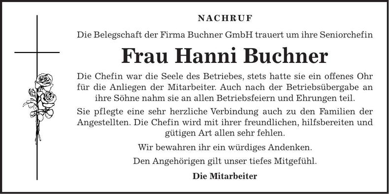 Traueranzeige Hanni Buchner