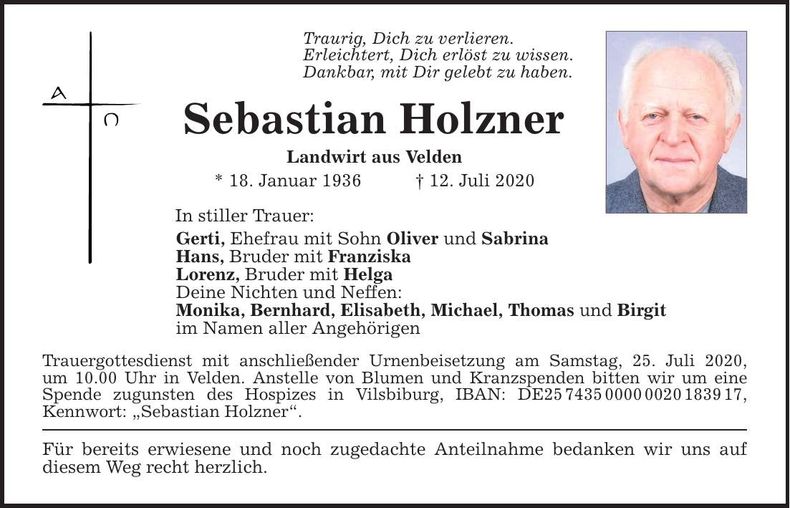 Traueranzeige Sebastian Holzner