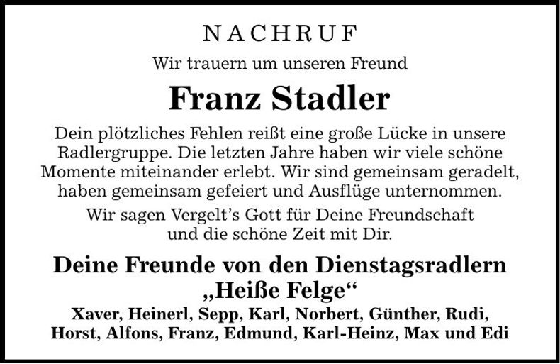 Traueranzeige Franz Stadler