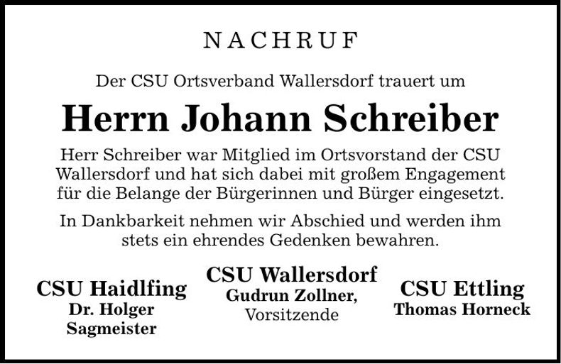 Traueranzeige Johann Schreiber