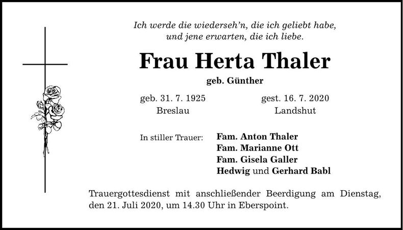 Traueranzeige Herta Thaler