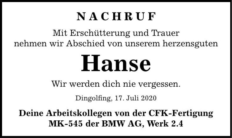 Traueranzeige Hanse Schreiber