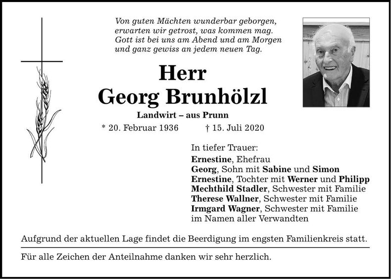 Traueranzeige Georg Brunhölzl