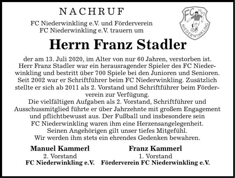 Traueranzeige Franz Stadler