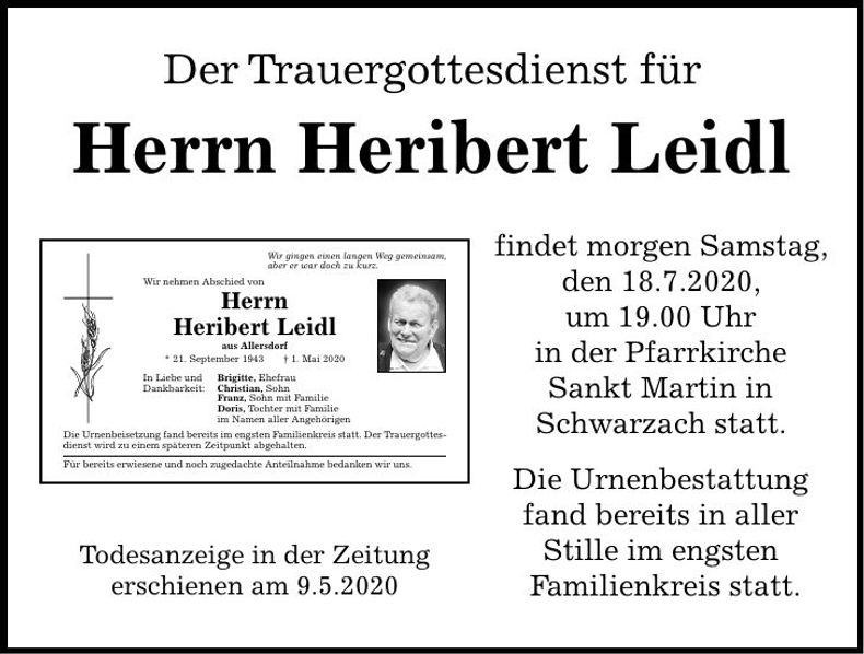 Traueranzeige Heribert Leidl