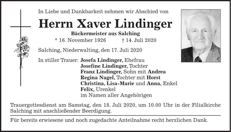Traueranzeige Xaver Lindinger