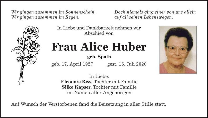 Traueranzeige Alice Huber