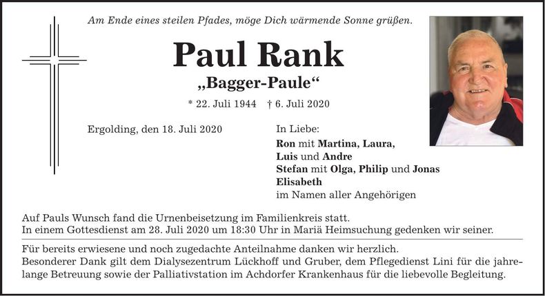 Traueranzeige Paul Rank
