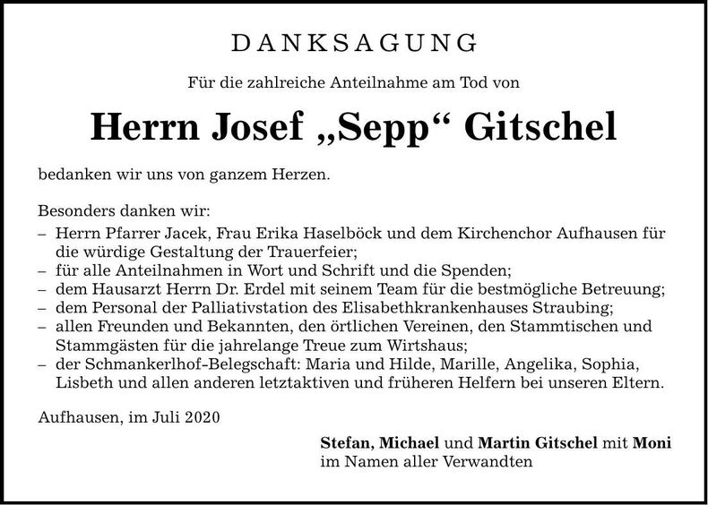 Traueranzeige Josef Gitschel