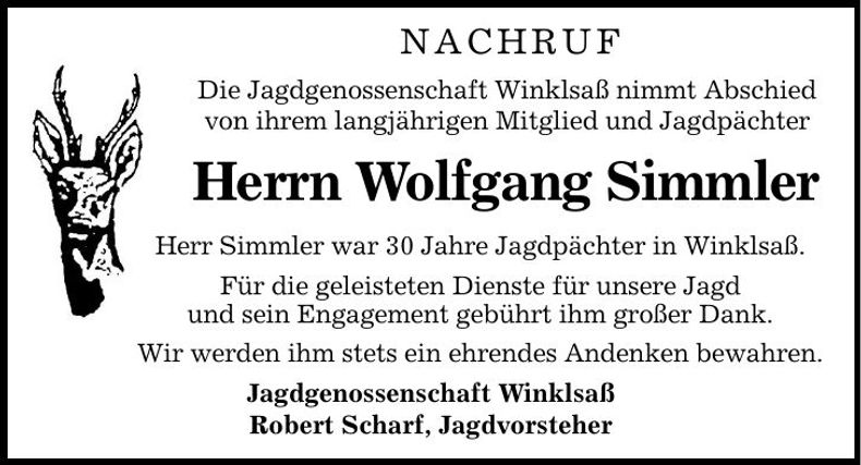 Traueranzeige Wolfgang Simmler
