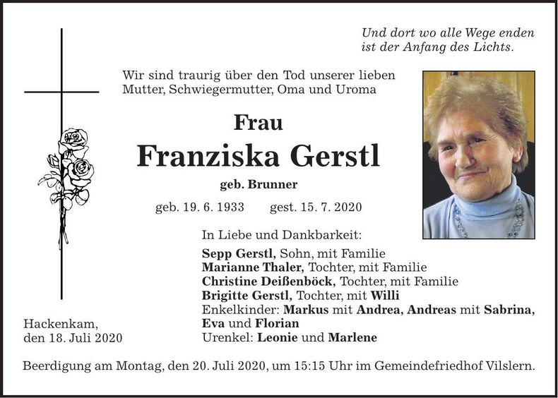 Traueranzeige Franziska Gerstl