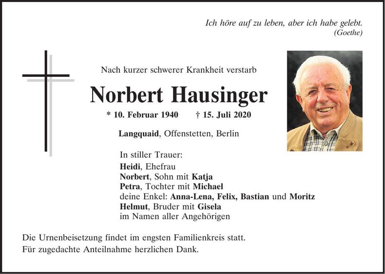 Traueranzeige Norbert Hausinger