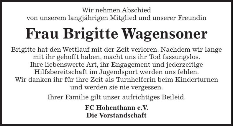 Traueranzeige Brigitte Wagensonner