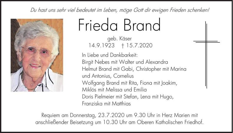 Traueranzeige Frieda Brand