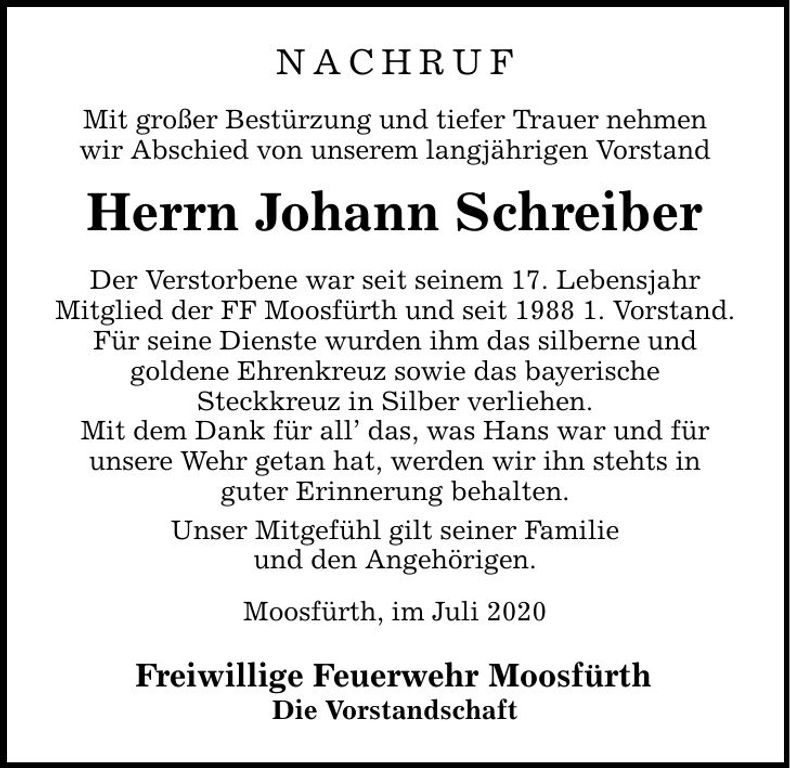 Traueranzeige Schreiber Johann