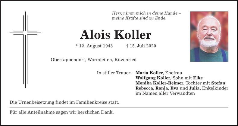 Traueranzeige Alois Koller